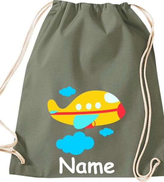 Shirtinstyle Gymtas, vliegtuig met gewenste naam, kinderen, stoffen tas, kinderrugzak, jute, gymtas,