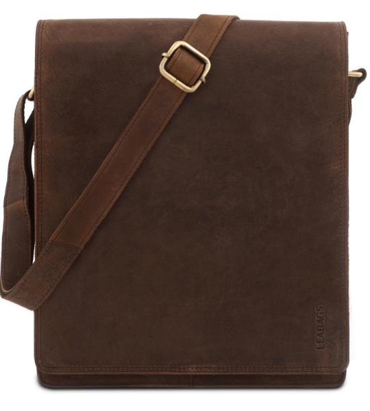 LEABAGS Leren schoudertas voor dames en heren, messenger bag met schouderriem, werktas, draagtas, handtas, echt lederen tas, natuurlijk donkerbruin, Boheems, gedeconstrueerd, minim