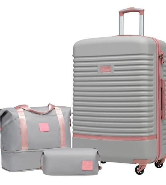 COOLIFE Koffer trolley koffer reiskoffer van ABS hard shell trolley 4 wielen TSA-slot de koffer bevat 1 reistas en 1 toilettas, grijs/roze, koffer