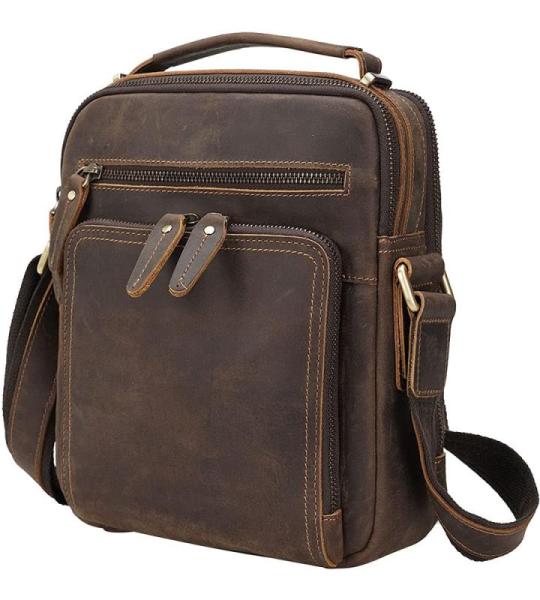 TIDING Leren schoudertas voor heren, messenger bags handtas, schooltas, werktas, donkerbruin