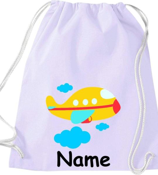 Shirtinstyle Gymtas, vliegtuig met gewenste naam, kinderen, stoffen tas, kinderrugzak, jute, gymtas,