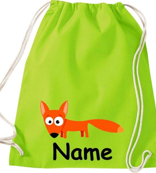 Shirtinstyle Gymtas, dierenvos met wensnaam, kinderen, stoffen tas, kinderrugzak, jute, gymtas,