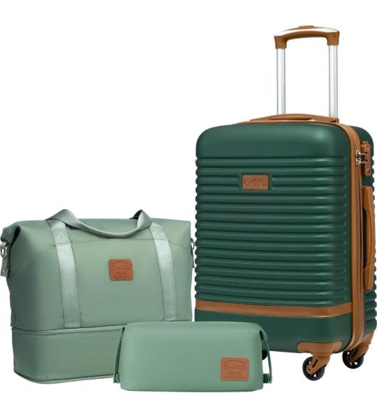 COOLIFE Koffer trolley koffer reiskoffer van ABS hard shell trolley 4 wielen TSA-slot de koffer bevat 1 reistas en 1 toilettas, donkergroen/bruin, koffer
