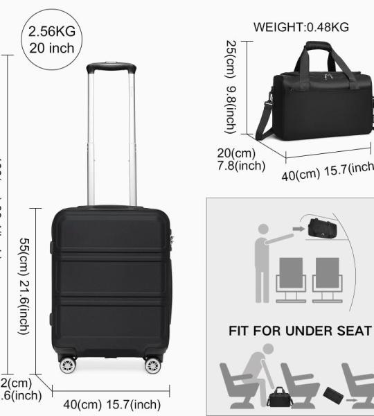 KONO 55cm Handgepäck-Koffer Trolley Set 2 Teilig Gepäcksets, Kleiner Koffer mit Rollen Handgepäck Set mit Ryanair Reisetasche 40x20x25cm, Schwarz