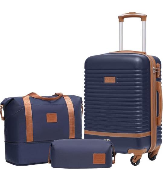 COOLIFE Koffer trolley koffer reiskoffer van ABS harde schaal trolley 4 wielen TSA-slot De koffer bevat 1 reistas en 1 toilettas, blauw/bruin, koffer