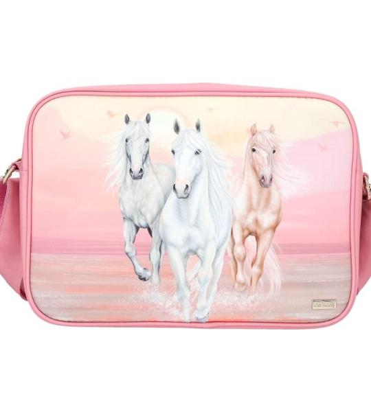 12244 Miss Melody Sundown - schoudertas in roze met gouden applicaties, tas met ritssluiting en verstelbare riem