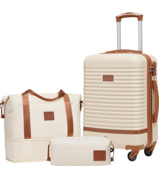 COOLIFE Koffer trolley koffer reiskoffer van ABS harde schaal trolley 4 wielen TSA-slot De koffer bevat 1 reistas en 1 toilettas, wit/bruin., koffer