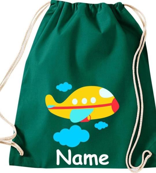 Shirtinstyle Gymtas, vliegtuig met gewenste naam, kinderen, stoffen tas, kinderrugzak, jute, gymtas,