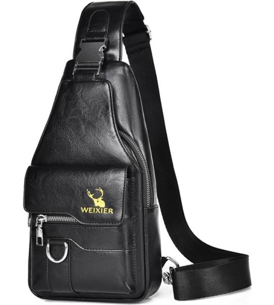 Sling tas voor heren, leren borsttas, waterdichte , casual lichte tas, mobiele telefoontas, crossbody tas voor wandelen, fietsen, kamperen, zwart