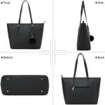 Handtas voor dames, set met zwarte tas met portemonnee voor kantoor, school, winkelen, handtas dames, groot, met kwastjes, dames en bont, bal, pluche sleutelring, zwart