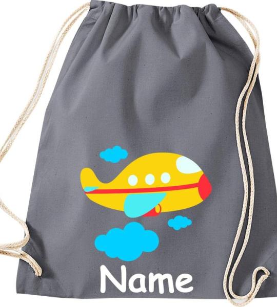 Shirtinstyle Gymtas, vliegtuig met gewenste naam, kinderen, stoffen tas, kinderrugzak, jute, gymtas,