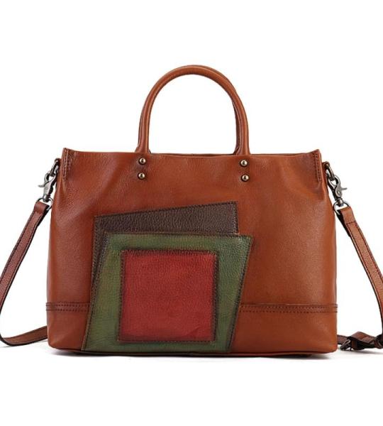 Karoukee Grote draagtas voor dames, echt lederen schoudertas, klassieke tas met hengseltas, vintage kleurenschema, met afneembare en verstelbare schouderriem