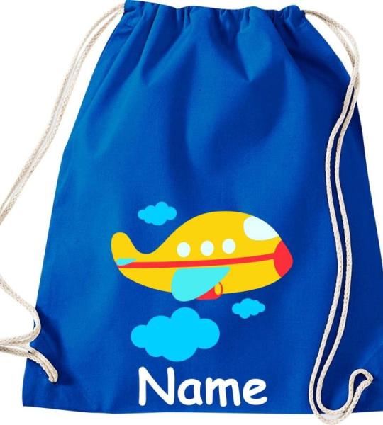 Shirtinstyle Gymtas, vliegtuig met gewenste naam, kinderen, stoffen tas, kinderrugzak, jute, gymtas,