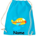 Shirtinstyle Gymtas, vliegtuig met gewenste naam, kinderen, stoffen tas, kinderrugzak, jute, gymtas,
