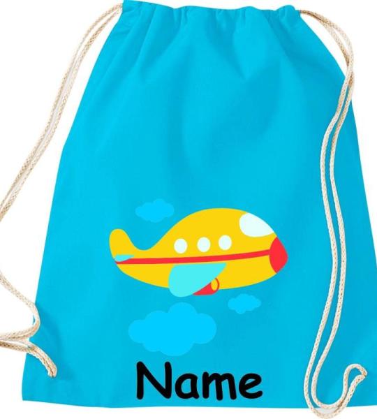 Shirtinstyle Gymtas, vliegtuig met gewenste naam, kinderen, stoffen tas, kinderrugzak, jute, gymtas,