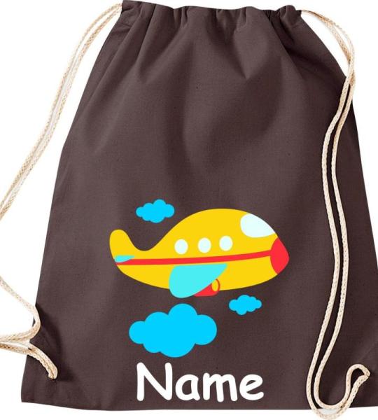 Shirtinstyle Gymtas, vliegtuig met gewenste naam, kinderen, stoffen tas, kinderrugzak, jute, gymtas,