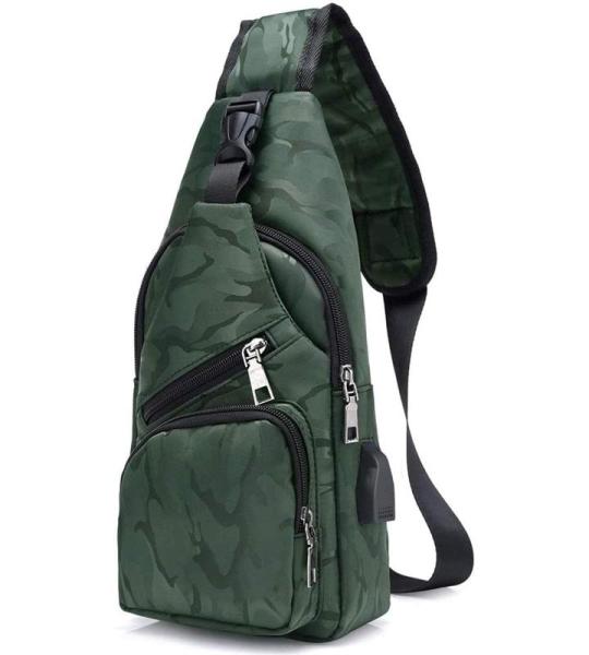 Sling Bag met USB-Oplading, Borsttas met Verstelbare Riem, Multi-Pocket Crossbody Borst Tas, Wandelen Casual Outdoor Borstzak voor Heren-Groene Camouflage