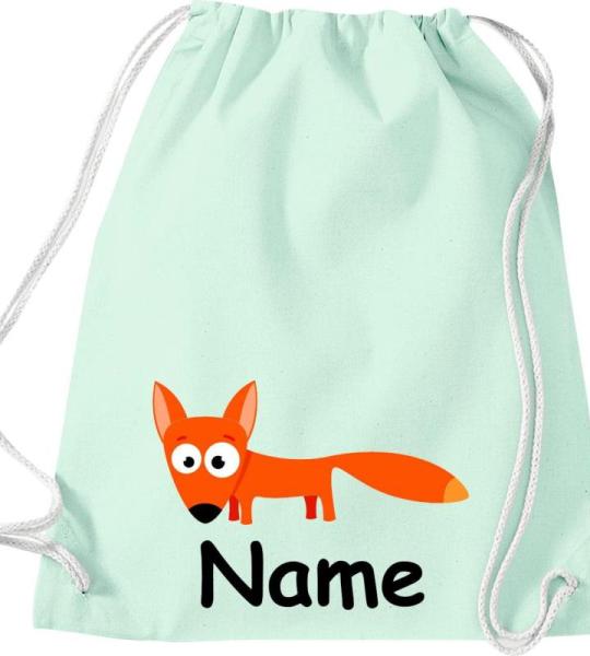 Shirtinstyle Gymtas, dierenvos met wensnaam, kinderen, stoffen tas, kinderrugzak, jute, gymtas,