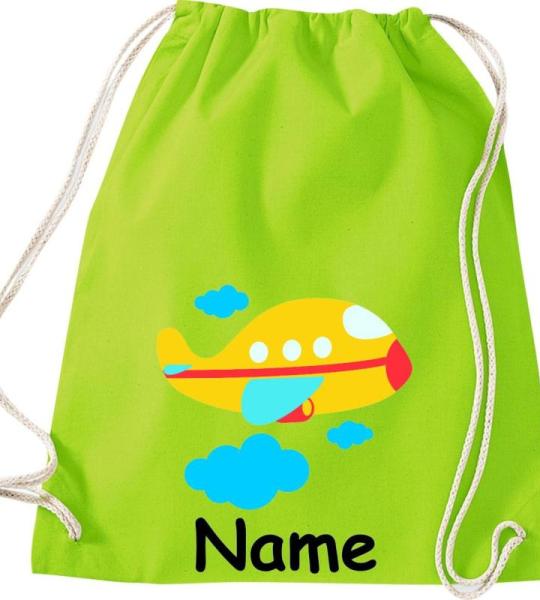 Shirtinstyle Gymtas, vliegtuig met gewenste naam, kinderen, stoffen tas, kinderrugzak, jute, gymtas,