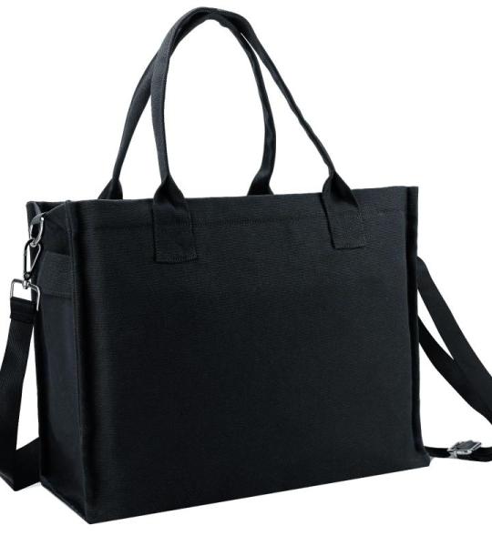 Canvas Tote Bag, Grote Schouder Hobo Bags Crossbody Bag Travel Tote Handtas alles tas met brede riem, Zwart, L