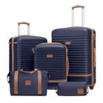 COOLIFE Koffer trolley koffer reiskoffer van ABS harde schaal trolley 4 wielen TSA-slot De koffer bevat 1 reistas en 1 toilettas, blauw/bruin, koffer