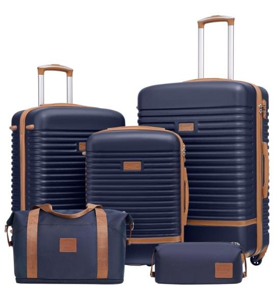 COOLIFE Koffer trolley koffer reiskoffer van ABS harde schaal trolley 4 wielen TSA-slot De koffer bevat 1 reistas en 1 toilettas, blauw/bruin, koffer