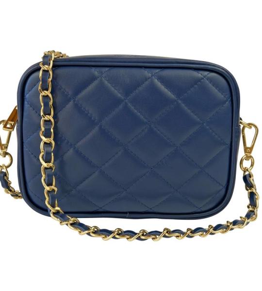 , Nora Gewatteerde damesschoudertas met ketting, van echt leer, gemaakt in Italië, kleine tas voor clutch ceremonie, elegant, model Nora, Blauw Jeans, 21x7x15 cm