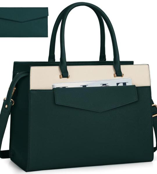 Handtas voor dames, schoudertas, 2-in-1 shopper voor dames, 15,6 inch, groot, PU-leer, laptoptas, waterdicht, werktas voor business, kantoor, school, Groen met Beige, Modern, funct