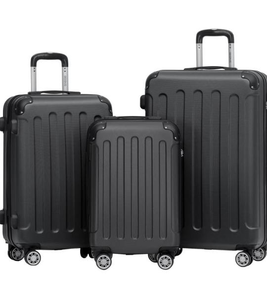 BEIBYE Koffer met harde schaal, trolley, rolkoffer, reiskoffer, veiligheid, cijferslot, dubbele wielen, ABS-materiaal, handbagage, 4 wielen, M-L-XL-set, zwart