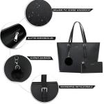 Handtas voor dames, set met zwarte tas met portemonnee voor kantoor, school, winkelen, handtas dames, groot, met kwastjes, dames en bont, bal, pluche sleutelring, zwart