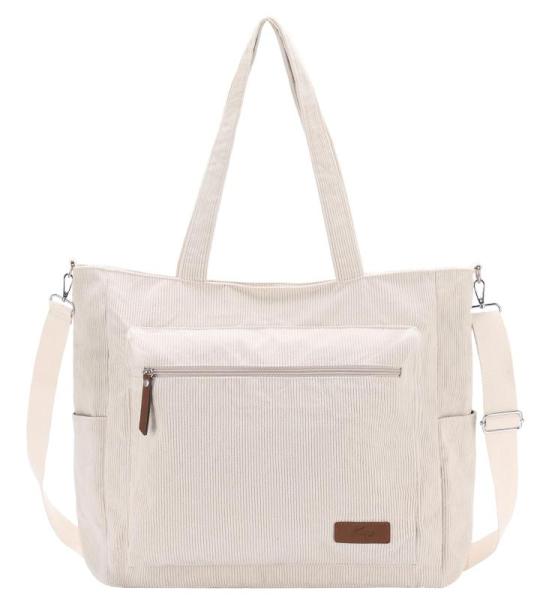 Corduroy draagtas, grote schoudertas voor dames, lichtgewicht casual crossbody handtas met rits voor werk, reizen, winkelen, Beige