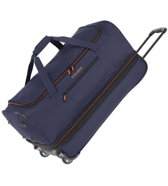 Travelite Basics Rolkoffer met 2 wielen, maat S met stretchplooi, zachte reistas met wielen met extra veel volume, marine/oranje, 70 cm