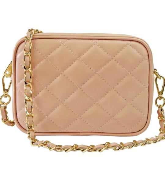 , Nora Gewatteerde damesschoudertas met ketting, van echt leer, gemaakt in Italië, kleine tas voor clutch ceremonie, elegant, model Nora, Poeder Roze, False, Hedendaags