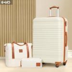 COOLIFE Kofferset, trolley, koffer, ABS, harde schaal, reiskoffer, 4 wielen, TSA-slot, intrekbare trolley, de koffer bevat 1 reistas en 1 toilettas, wit/bruin., Harde trolley koffe