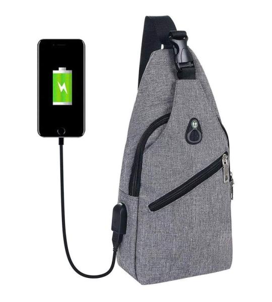 Sling Bag met USB-Oplading, Borsttas met Verstelbare Riem, Multi-Pocket Crossbody Borst Tas, Wandelen Casual Outdoor Borstzak voor Heren (inclusief 1 x USB-kabel)