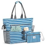 Grote strandtas voor vrouwen, waterdicht, zandbestendig, strandtas met make-uptas met ritszak (marineblauwe streep)