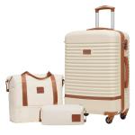 COOLIFE Koffer trolley koffer reiskoffer van ABS harde schaal trolley 4 wielen TSA-slot De koffer bevat 1 reistas en 1 toilettas, wit/bruin., Koffer Trolley Koffer Reiskoffer van A