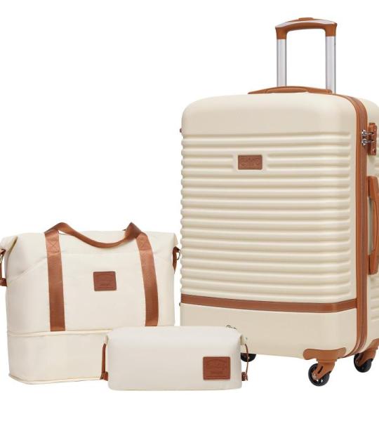 COOLIFE Koffer trolley koffer reiskoffer van ABS harde schaal trolley 4 wielen TSA-slot De koffer bevat 1 reistas en 1 toilettas, wit/bruin., Koffer Trolley Koffer Reiskoffer van A