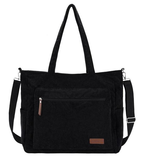 Corduroy draagtas, grote schoudertas voor dames, lichtgewicht casual crossbody handtas met rits voor werk, reizen, winkelen, Zwart