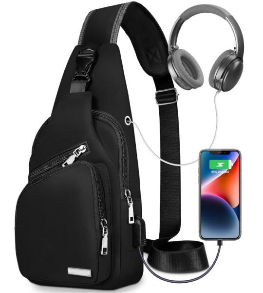Lidxfeo Schoudertas met USB-oplaadaansluiting, waterdichte borsttas voor heren, anti-diefstal, crossbody bag, meerdere zakken, slingrugzak, voor wandelen, reizen, klimmen enz, zwar