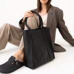 Premium Shopper Kira, grote leren schoudertas, tote bag voor dames, zwart, zwart, 33,5 x 30 x 10 cm