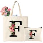 Katoenen tas gepersonaliseerd met naam initial boodschappentas met letters vrouwen draagtas en make-uptas cadeau voor vriendin bruidsmeisje mama voor verjaardagen, bruiloft (F)