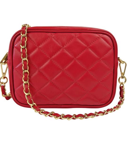 , Nora Gewatteerde damesschoudertas met ketting, van echt leer, gemaakt in Italië, kleine tas voor clutch ceremonie, elegant, model Nora, Rood, 21x7x15 cm