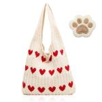 Tote Bag esthetische gehaakte tas, gehaakte tas, gebreide schoudertas, gehaakte boodschappentas, wordt geleverd met 1 stuk berenpoot tashanger hartvormige strandtas handtas, wit