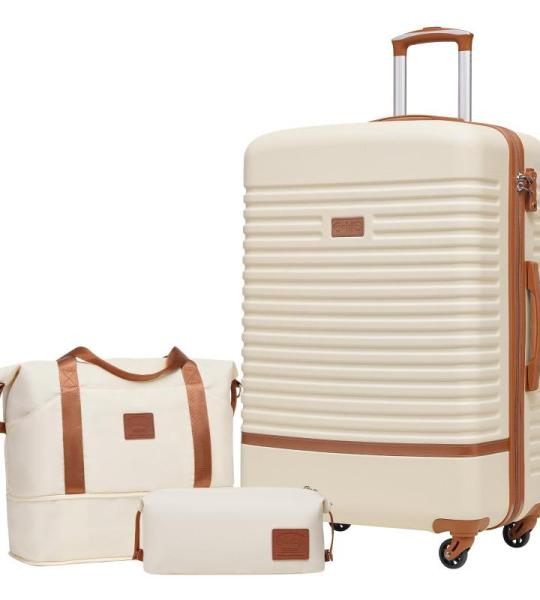 COOLIFE Koffer trolley koffer reiskoffer van ABS hard shell trolley 4 wielen TSA-slot de koffer bevat 1 reistas en 1 toilettas, wit/bruin., koffer