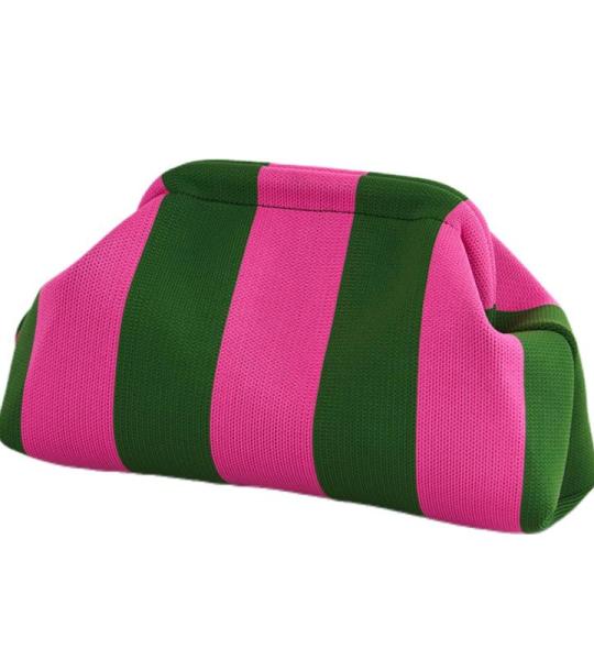 Onderarmtas, clutch, portemonnees, geweven gehaakte handtassen, knoedels, handgemaakt, colorblock clip tas voor dames, zomer, reizen, strand, tas, groen en roze gestreept