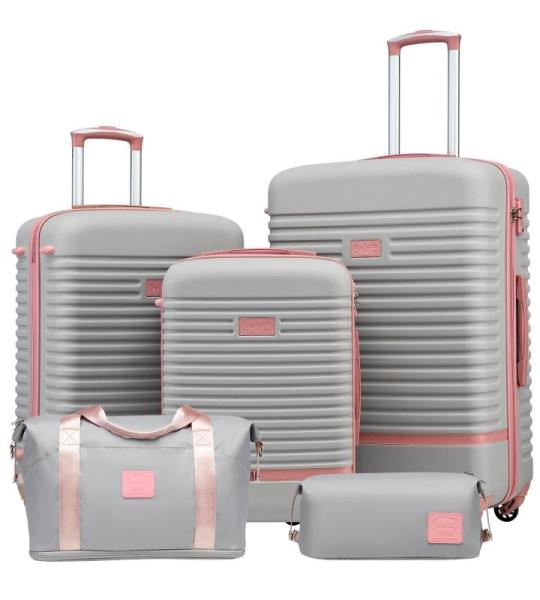 COOLIFE Koffer trolley koffer reiskoffer van ABS hard shell trolley 4 wielen TSA-slot de koffer bevat 1 reistas en 1 toilettas, grijs/roze, koffer