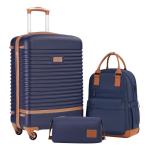 COOLIFE Koffer trolley koffer reiskoffer van ABS hard shell trolley 4 wielen TSA-slot De koffer bevat 1 reisrugzak en 1 toilettas, blauw/bruin, Prachtige casual reisset