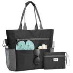 Grote strandtas voor vrouwen waterdichte zandbestendige strandtas met make-uptas met ritszak (zwart)