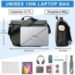 voor heren, waterafstotend, 15,6 inch schoudertas, laptoptas voor dames, met gevoerde schouderriem, schooltas, herentas voor werk, school, zakelijk, donkergrijs